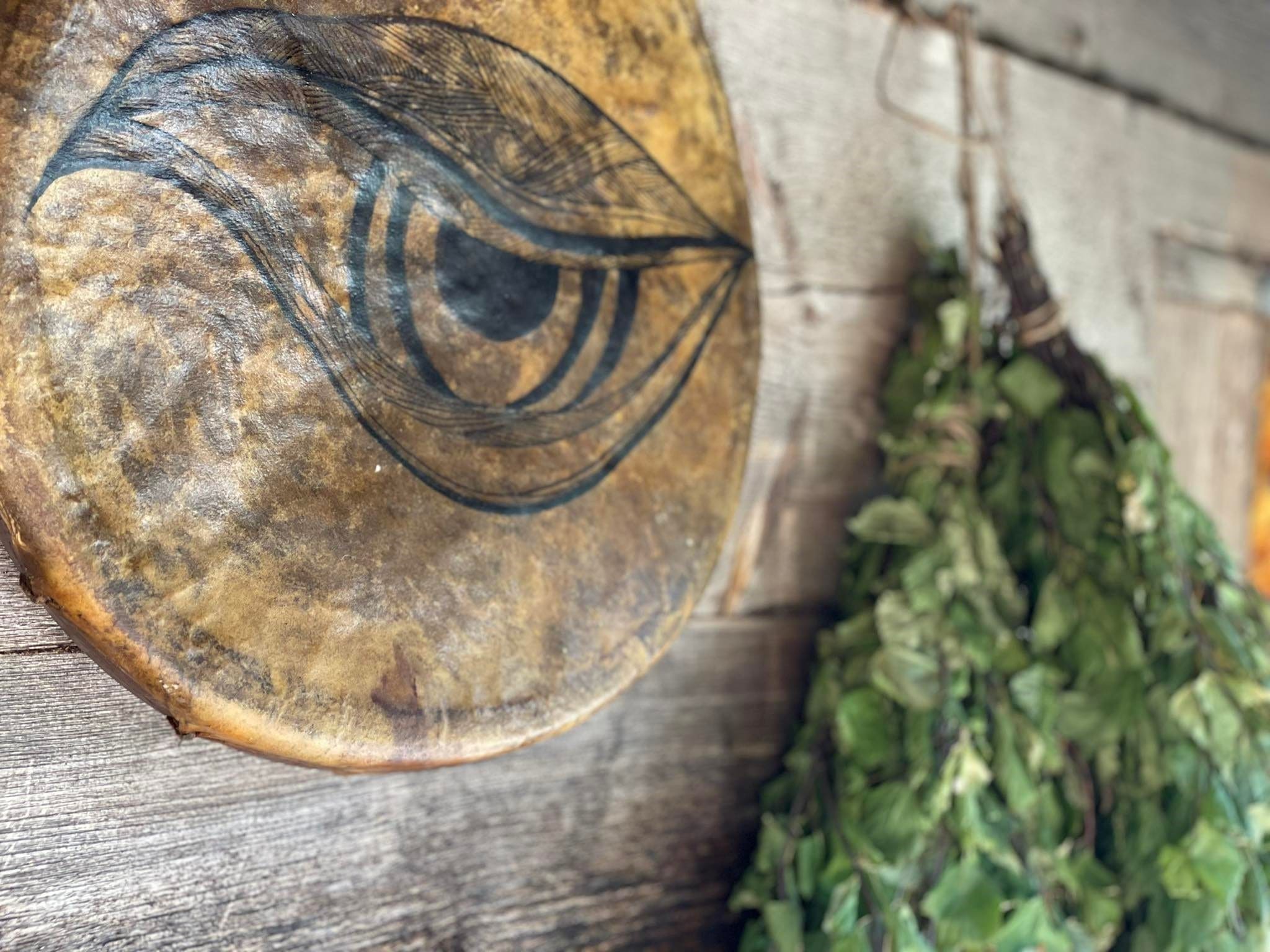Ritual drum and dried herbs